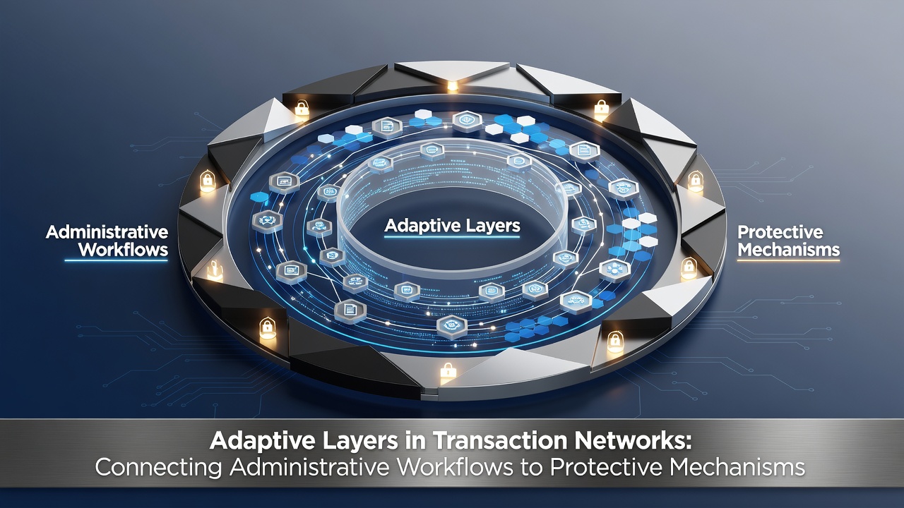 Diagram showing adaptive layers connecting administrative workflows with protective mechanisms in transaction networks