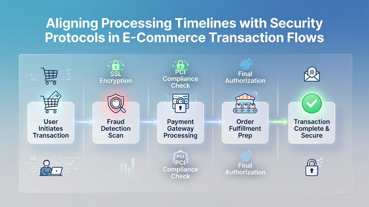 Diagram showing e-commerce transaction flow with aligned processing timelines and security protocol checkpoints