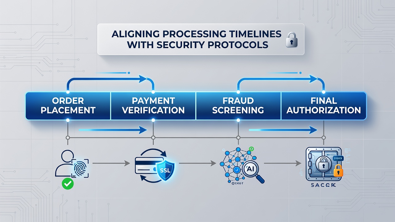 Flowchart illustrating security protocol checkpoints synchronized with e-commerce processing stages
