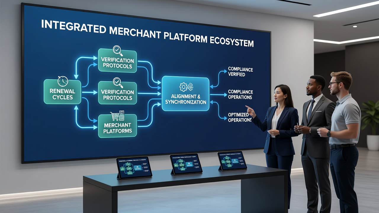 Data flow diagram showing renewal cycles linked to verification protocols in merchant systems
