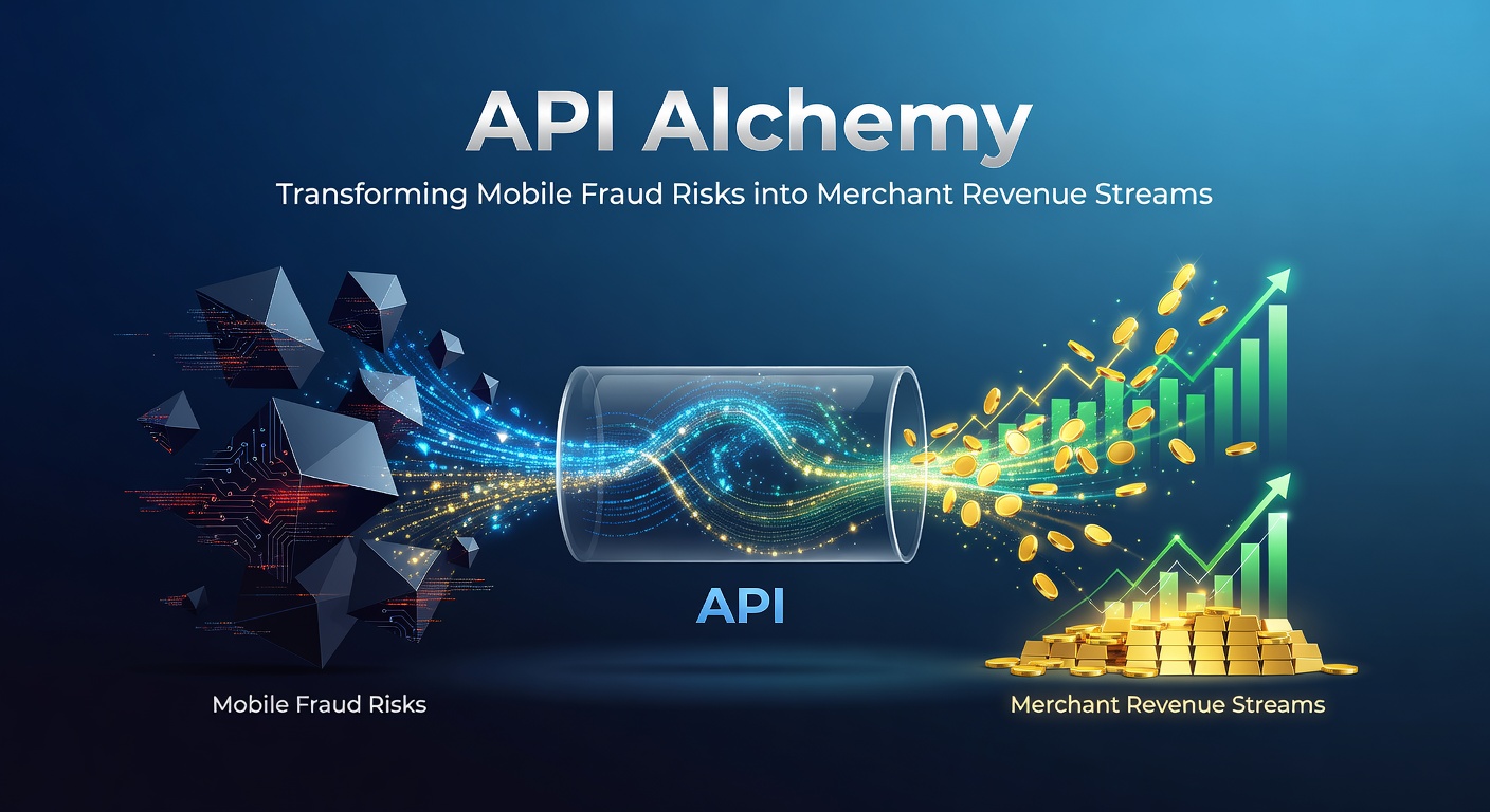 Digital alchemy process showing fraud data streams converting into golden revenue icons via API integrations