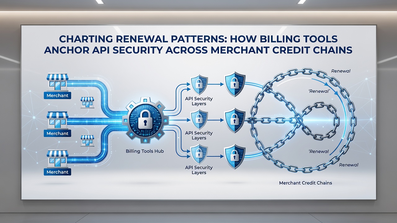 Diagram showing renewal pattern detection and API security checkpoints across merchant credit processing stages