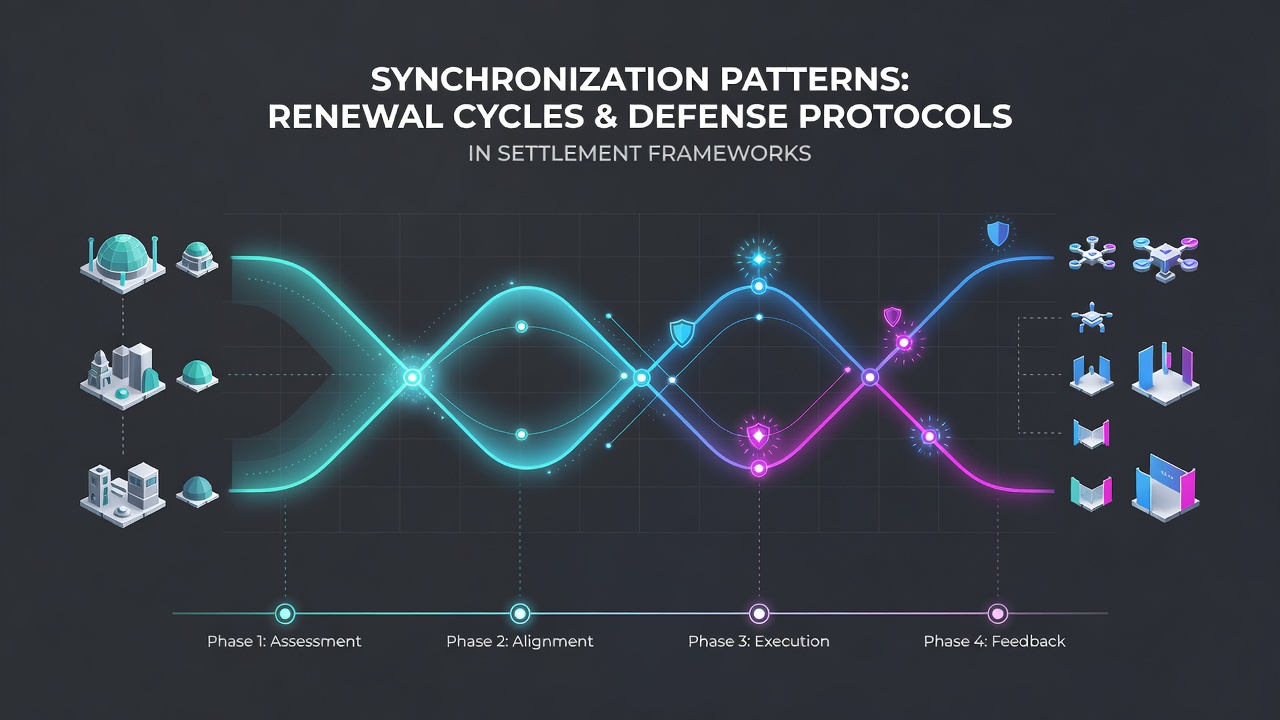 Diagram showing synchronization patterns between renewal cycles and defense protocols in settlement frameworks