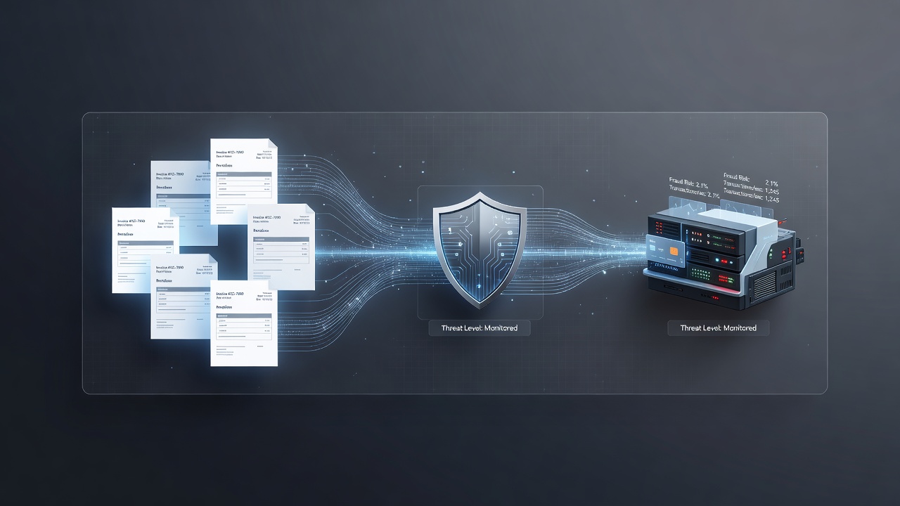 Invoice management dashboard integrated with real-time threat monitoring interface in credit card processing systems