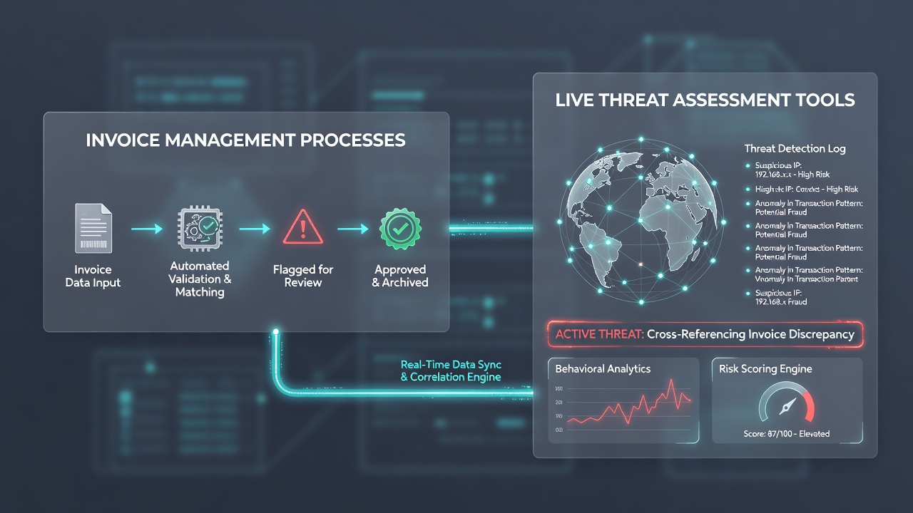 Data flow diagram showing connections between invoice systems and live threat assessment engines in credit card operations