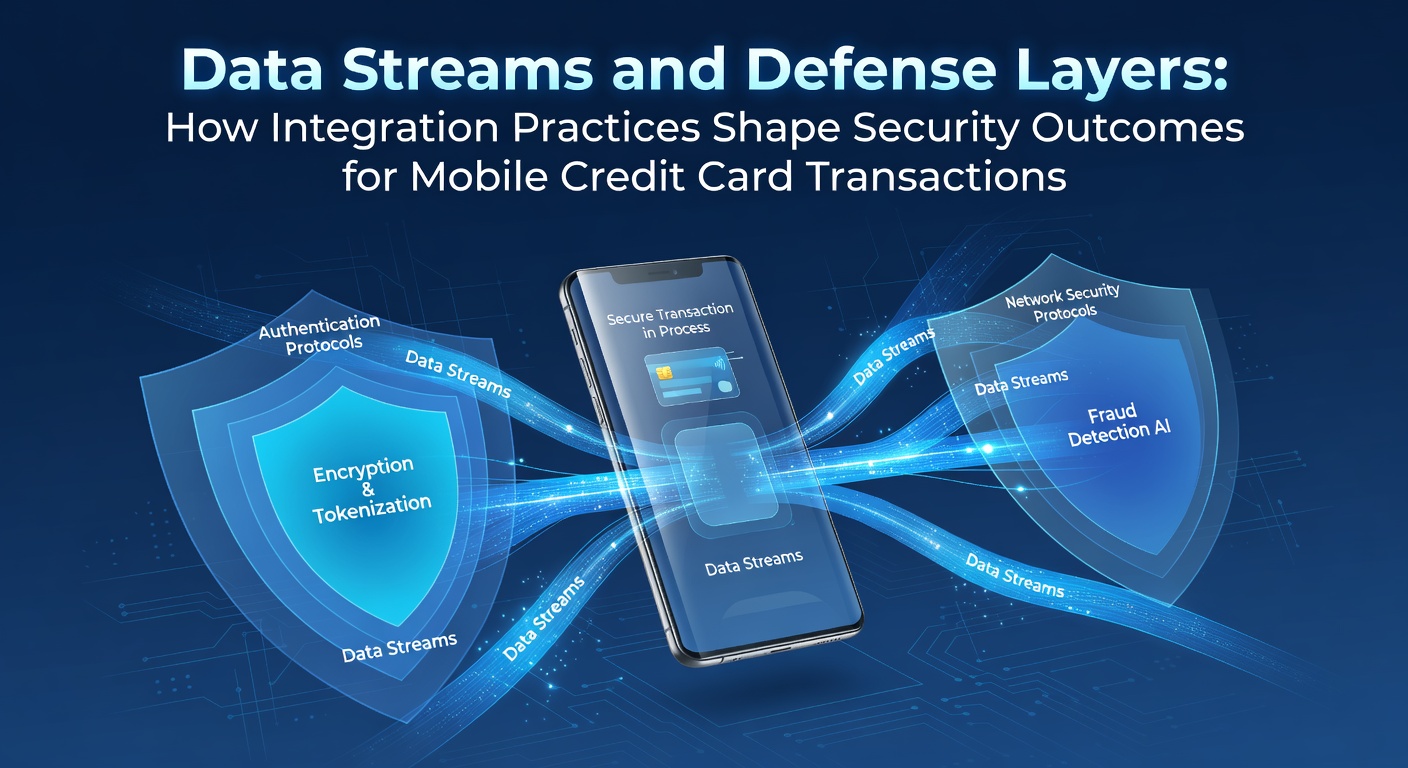 Illustration showing data flow from mobile devices through layered defense systems in credit card processing networks