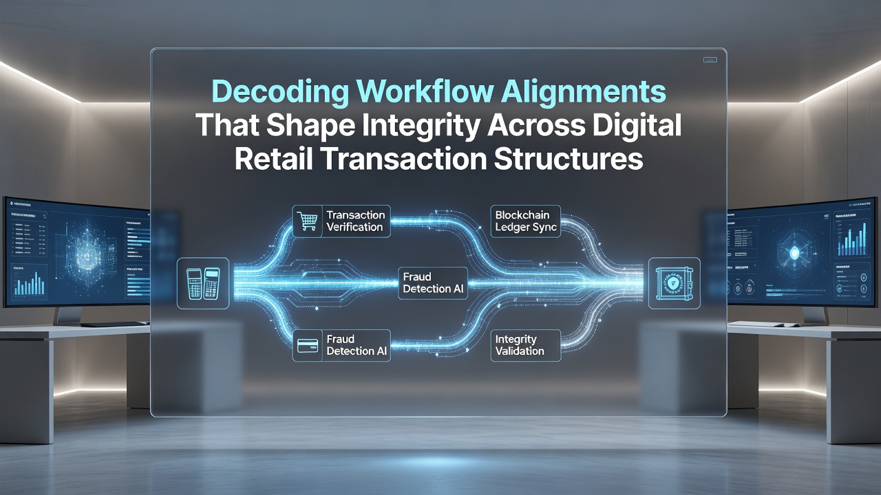 Diagram showing interconnected workflow alignments across digital retail transaction structures with labeled process nodes and data integrity checkpoints