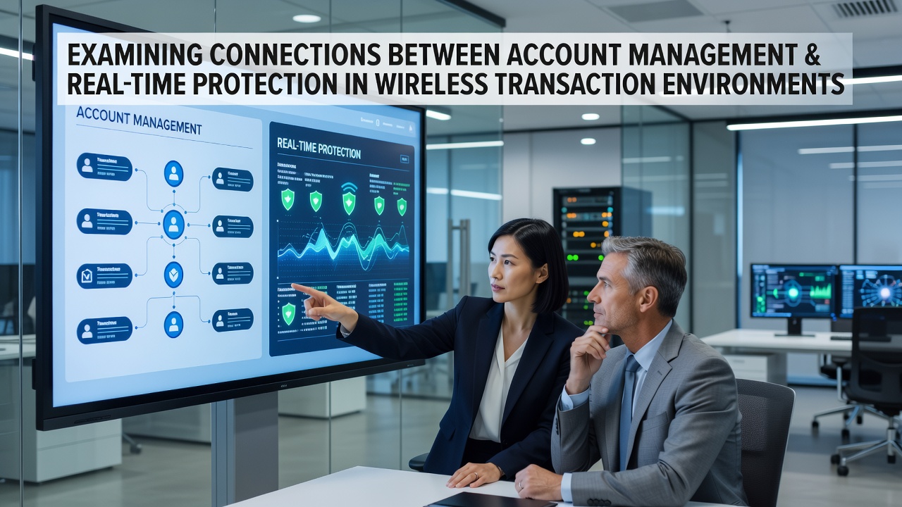 Wireless transaction security diagram showing account management integration with real-time protection layers