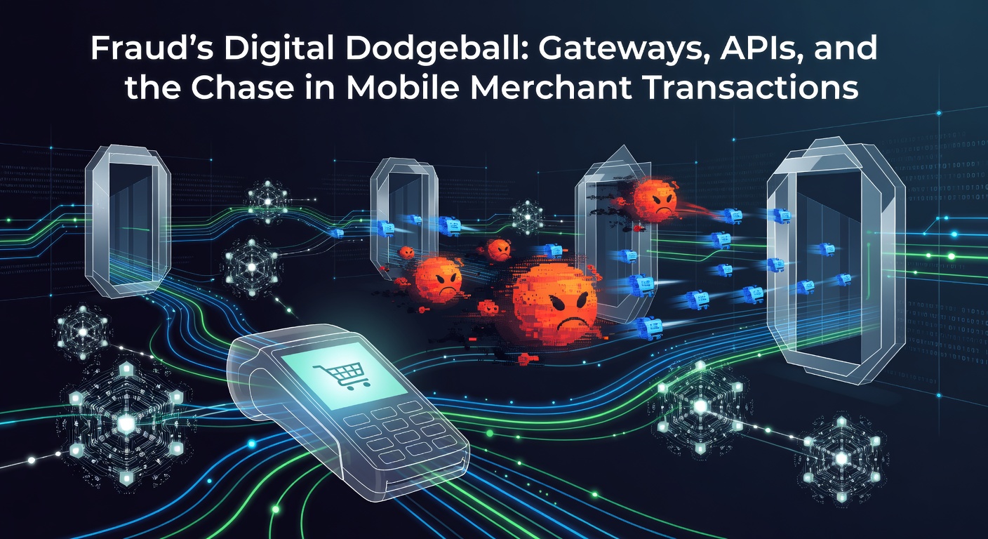 Close-up diagram showing API vulnerabilities and fraud pathways weaving through mobile payment gateways