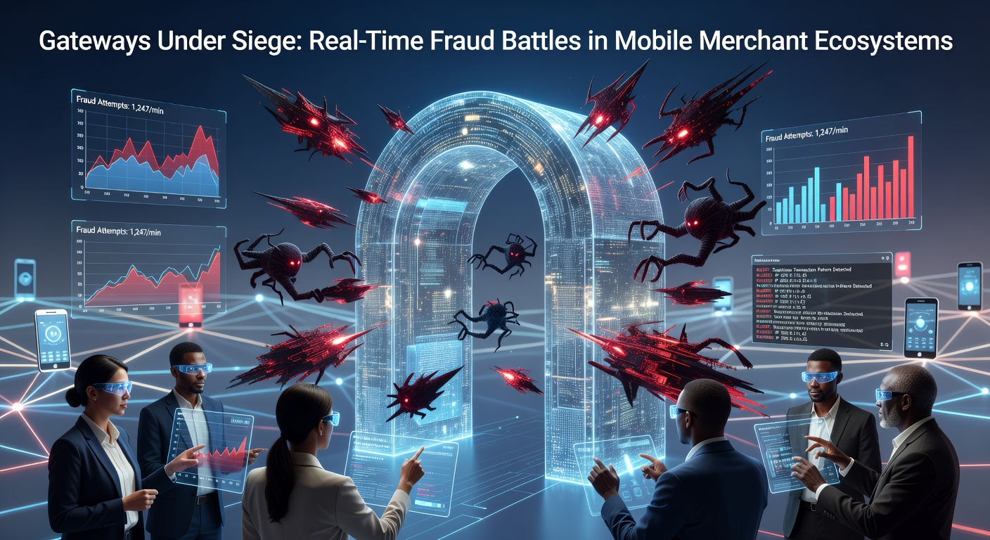 Digital gateway interface under cyber attack with fraud alerts flashing in real-time on a mobile merchant dashboard