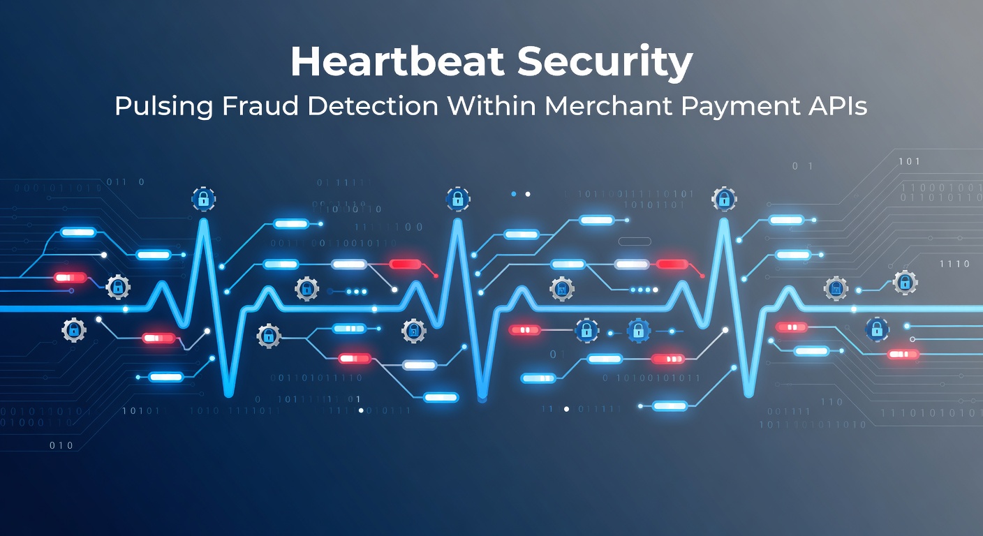 Visual representation of pulsing heartbeat signals monitoring fraud in a merchant payment API network, showing real-time data flows and anomaly alerts