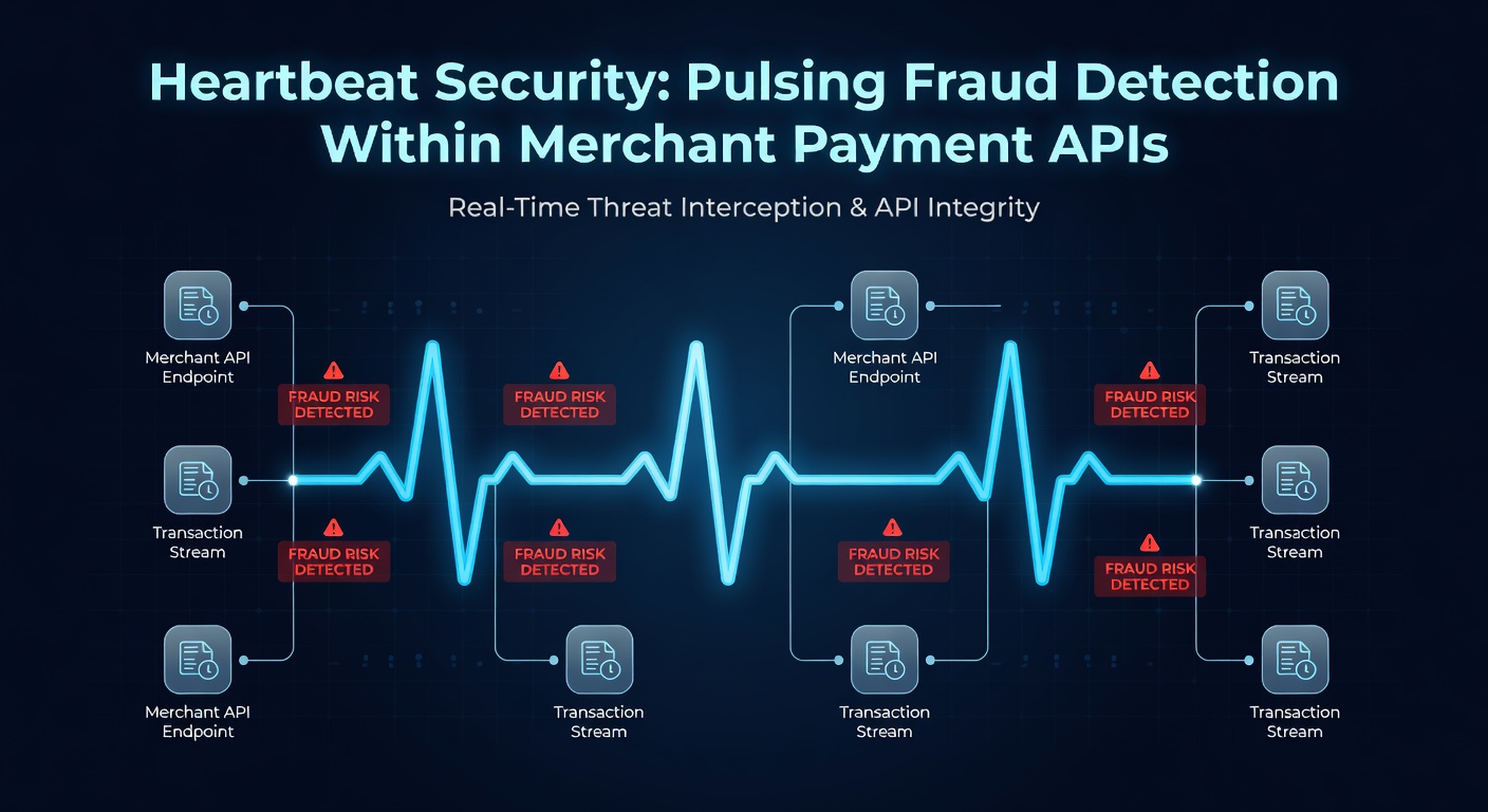 Close-up illustration of a heartbeat monitor graph overlaid on payment API transaction flows, highlighting fraud detection pulses and secure data streams