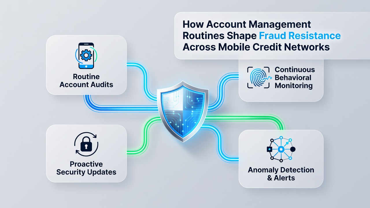 Diagram depicting data flows between account management systems and mobile credit fraud detection layers in a network environment