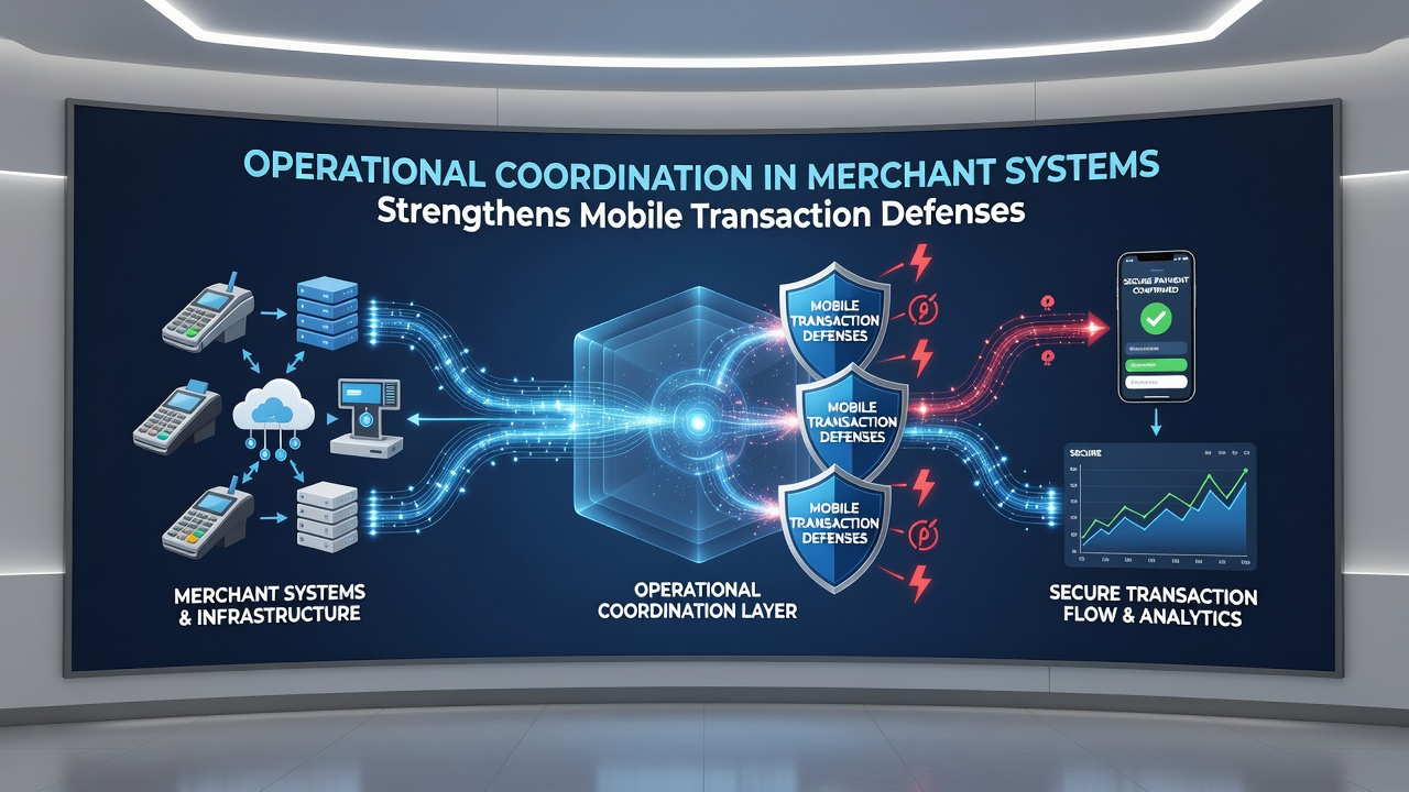 Flowchart illustrating coordinated workflows between merchant operations, risk engines, and mobile transaction processing