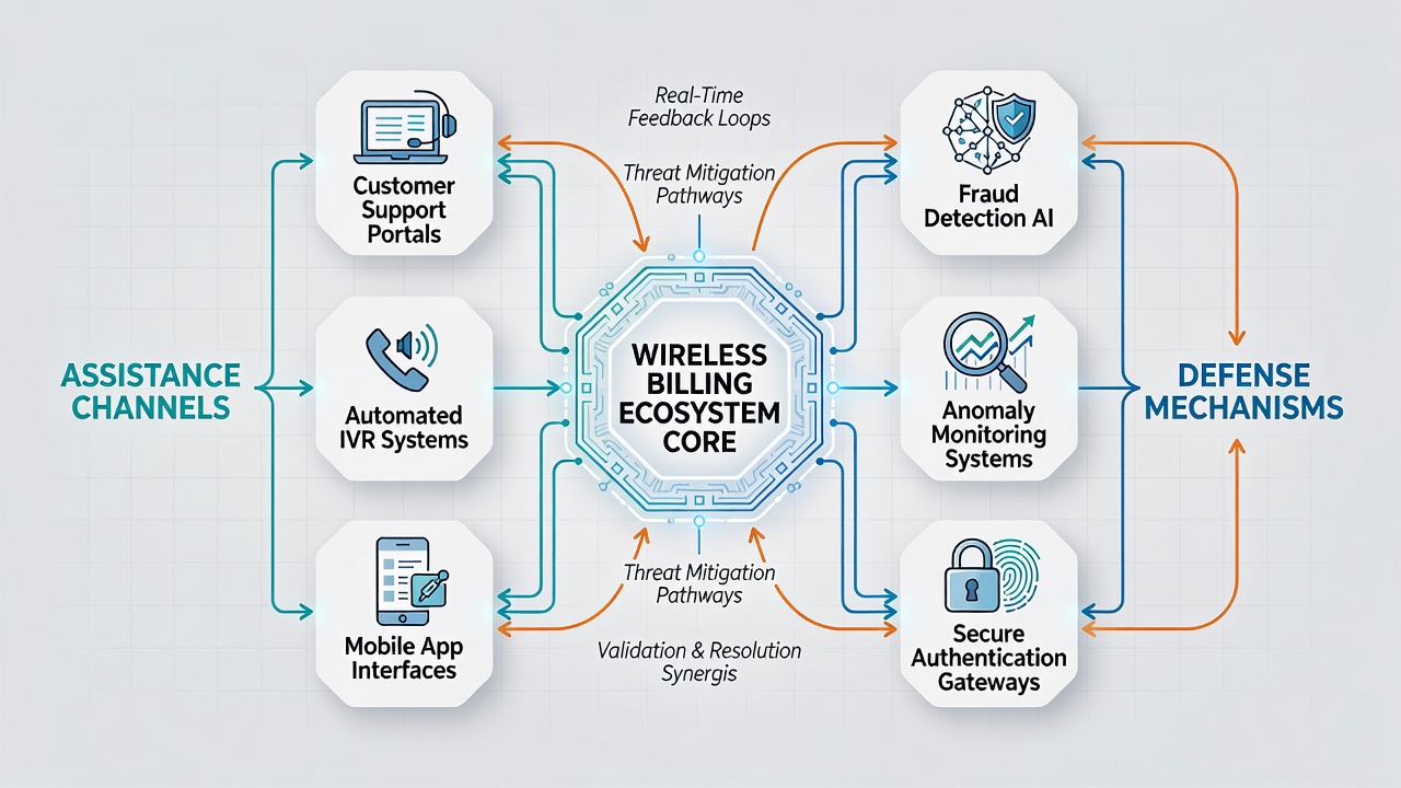 Flowchart illustrating data exchange points between assistance channels and defense mechanisms within wireless billing platforms