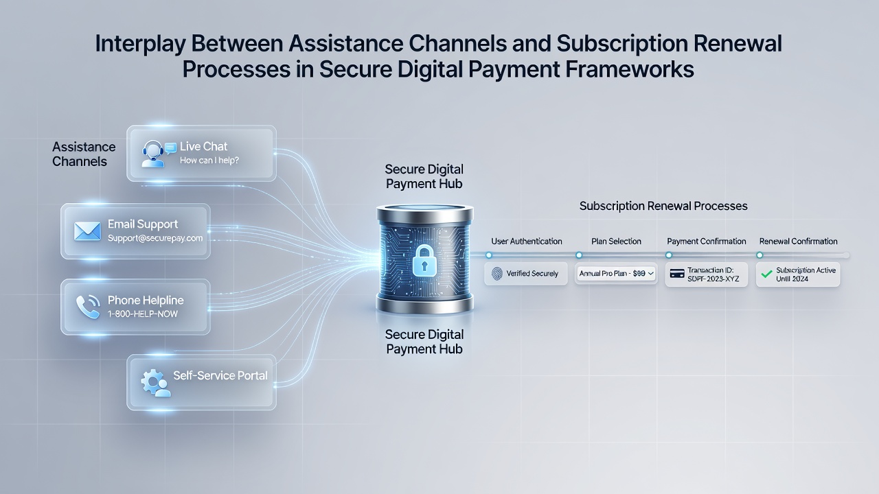Diagram showing assistance channels connecting to subscription renewal flows in secure digital payment frameworks