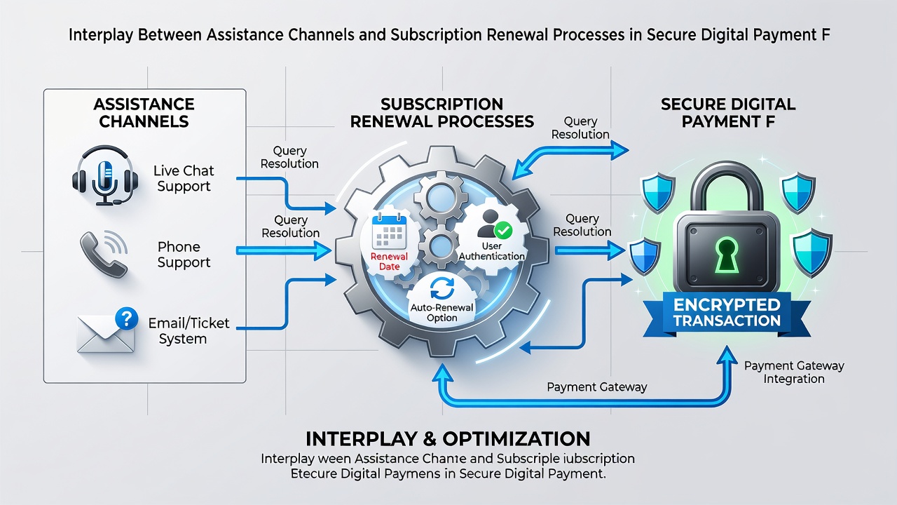 Flowchart illustrating data exchange between customer assistance networks and subscription renewal modules in secure frameworks