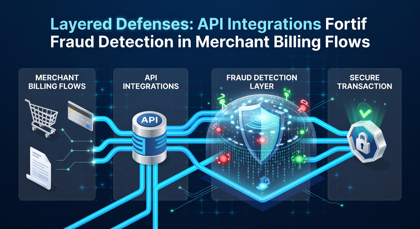 Diagram illustrating layered security protocols integrated via APIs in a merchant billing pipeline, showing multiple defense checkpoints from transaction initiation to approval