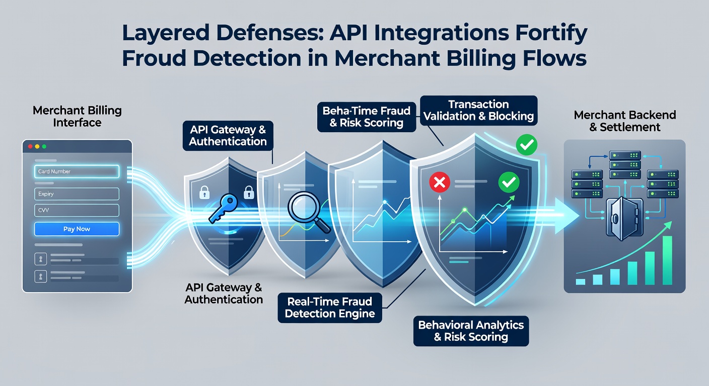 Visual representation of API data flows weaving through layered fraud detection modules in a merchant billing system, highlighting real-time decision nodes and interconnected security layers