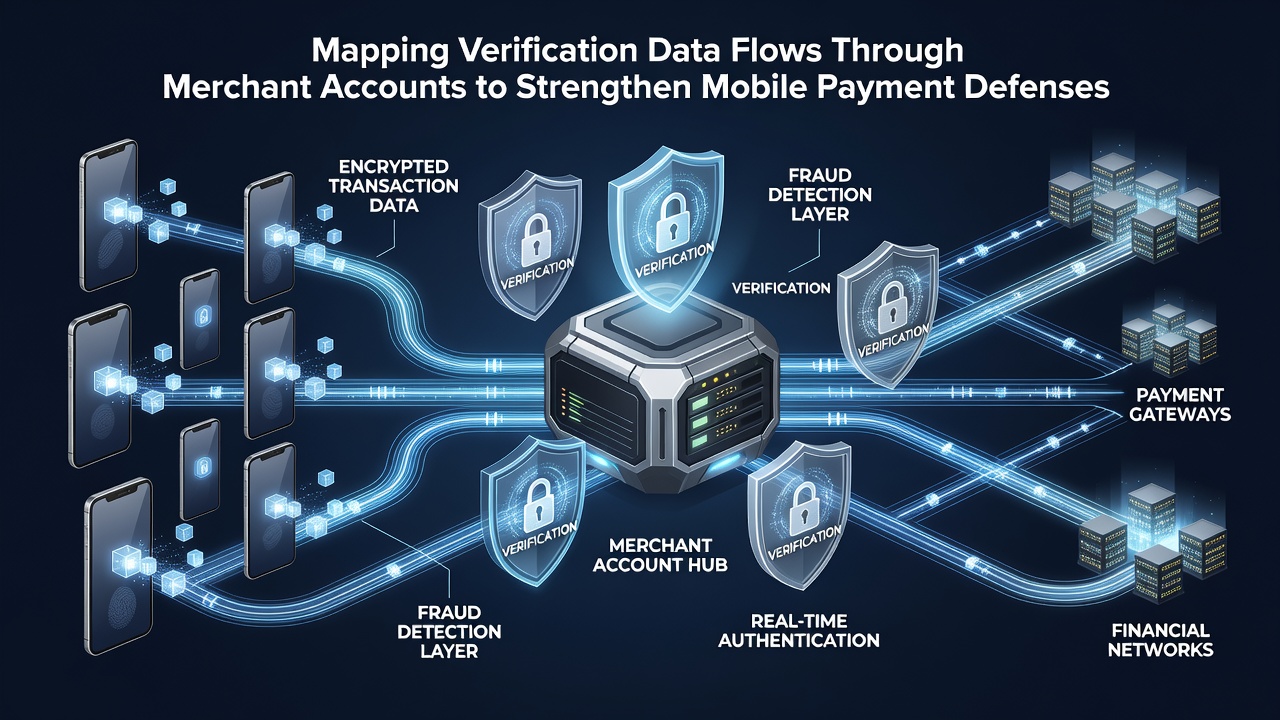 Flowchart illustrating mapped verification routes across merchant account components and external processors