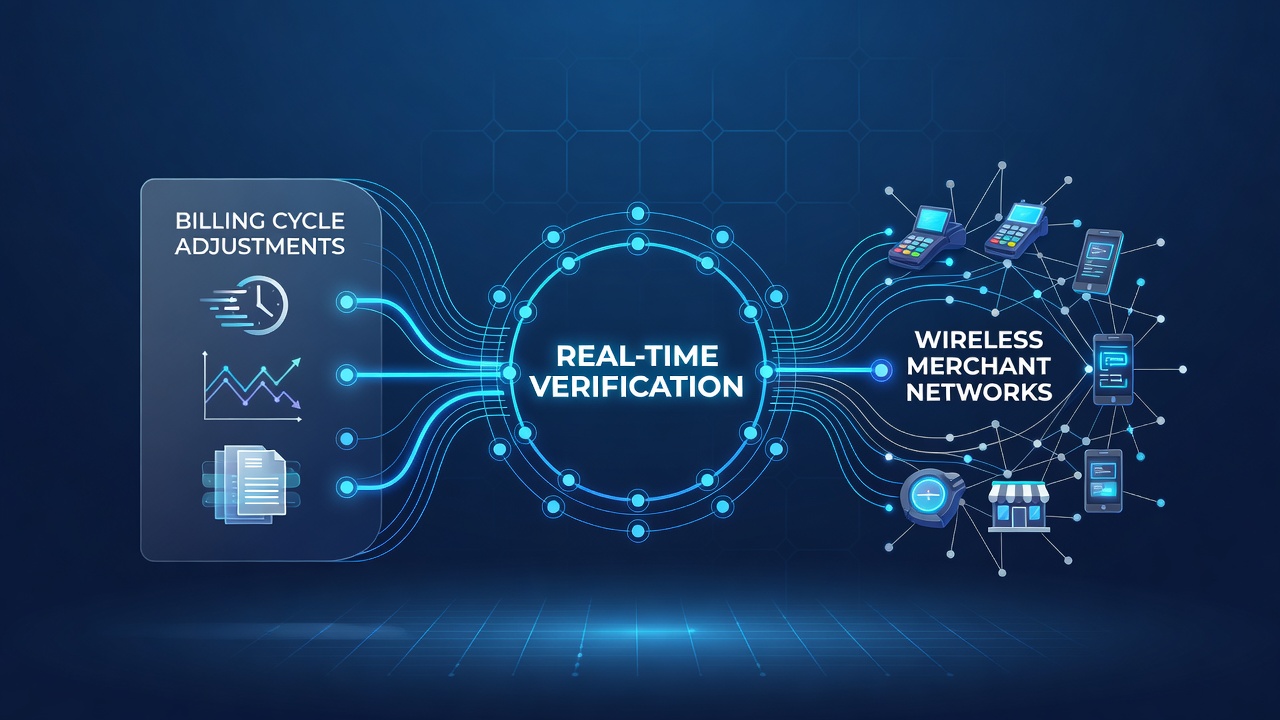 Real-time verification dashboard displaying billing adjustment patterns in wireless merchant setups