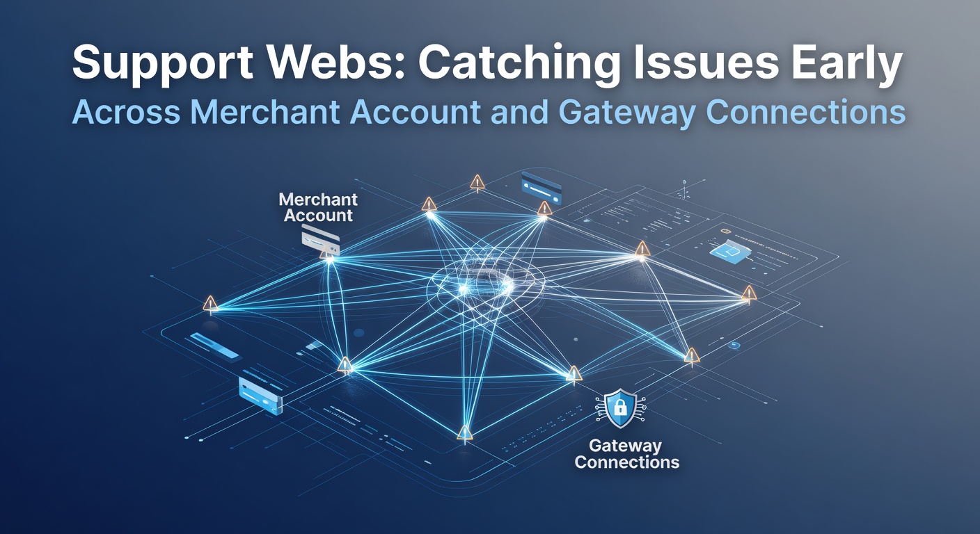 Diagram showing interconnected support webs linking merchant accounts to payment gateways with monitoring nodes highlighted