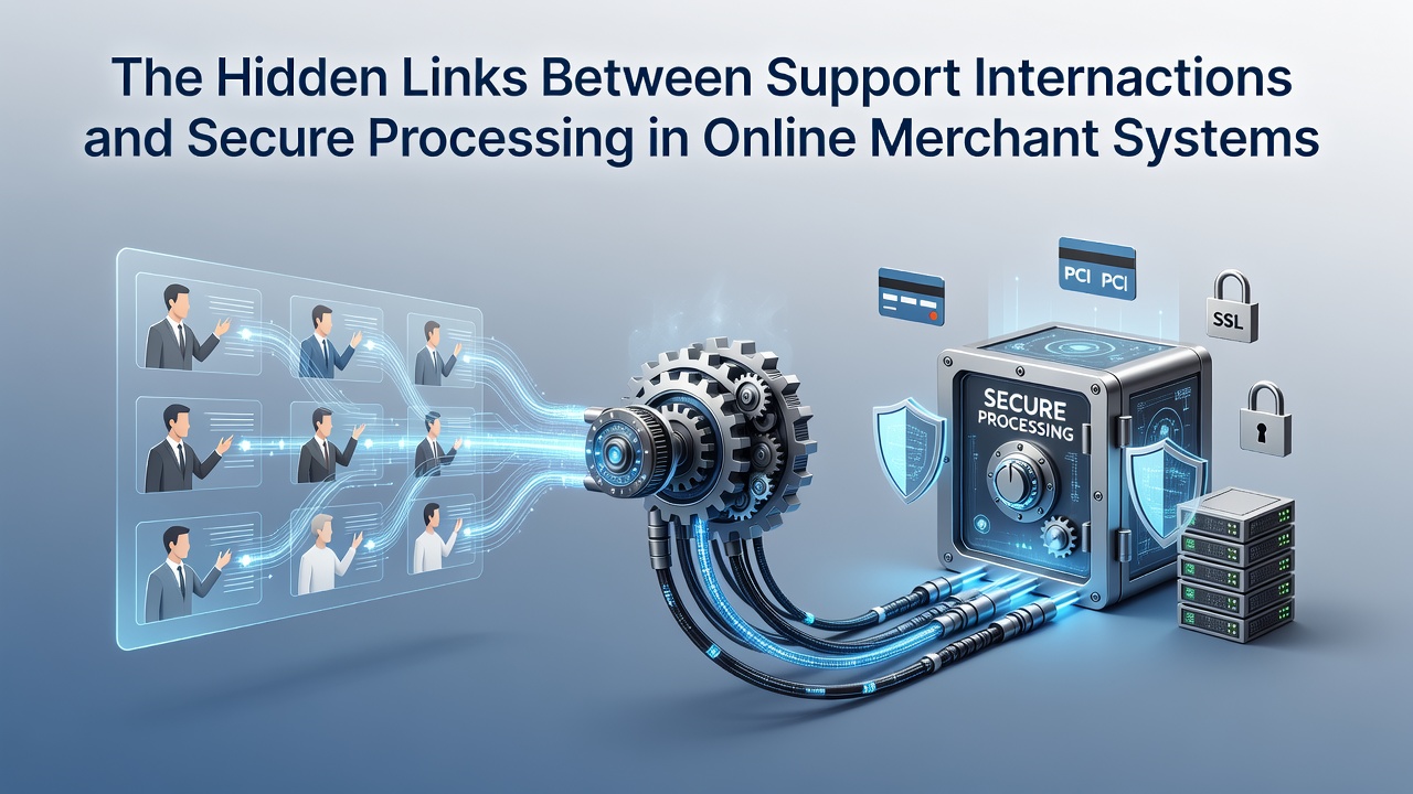 Diagram showing support ticket flows connecting to secure transaction processing layers in merchant systems