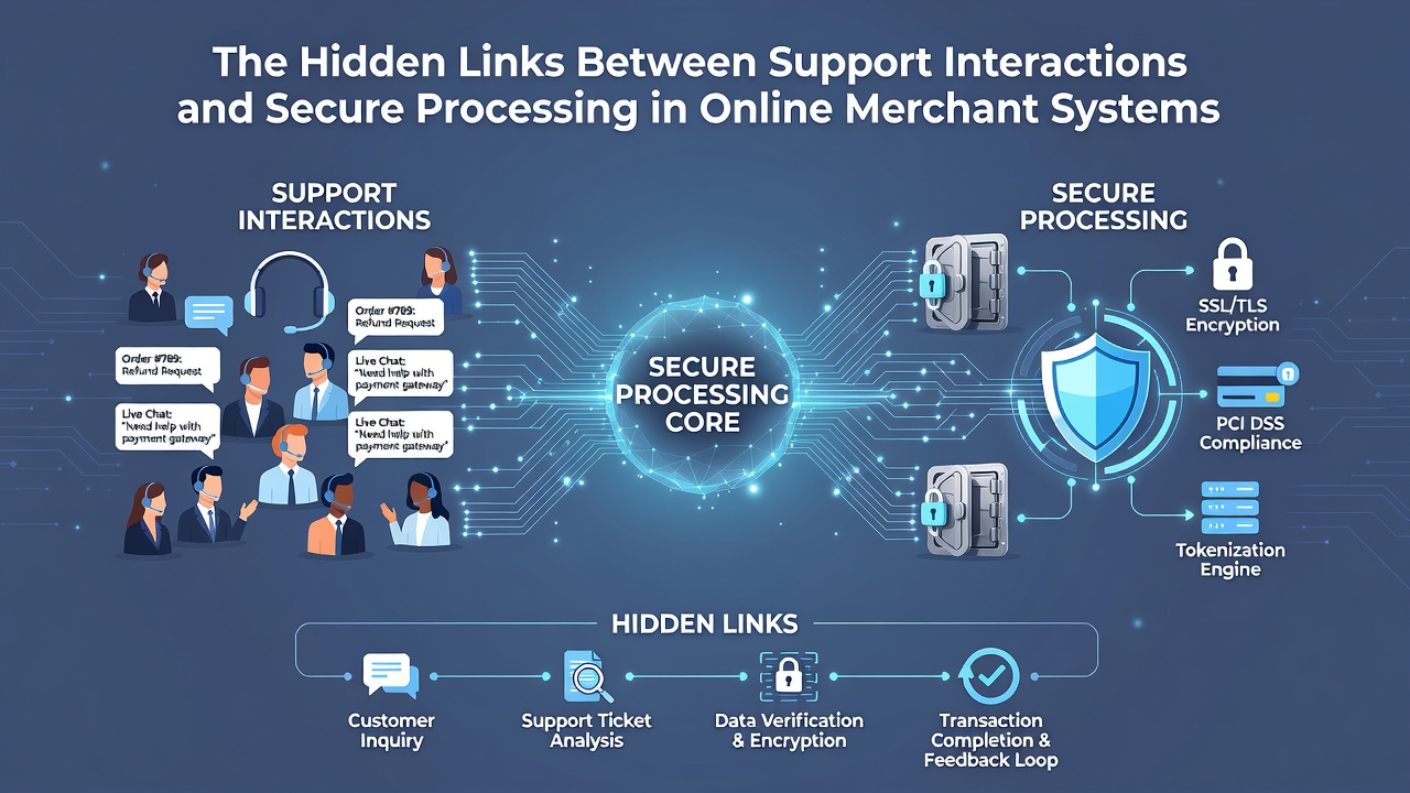 Illustration of data pathways connecting customer support interfaces to encrypted merchant processing servers
