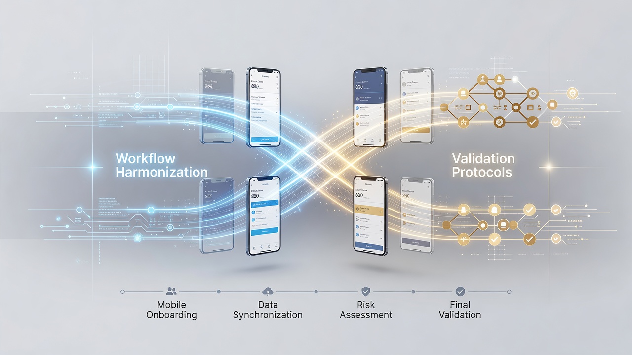 Flowchart illustrating how synchronized validation protocols connect with daily operational workflows in a mobile credit processing environment