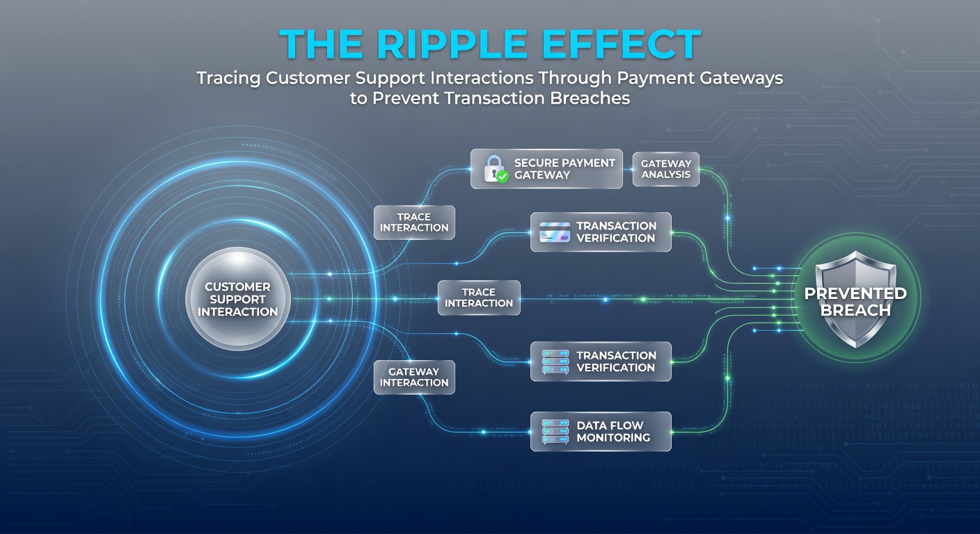 Diagram showing customer support interactions flowing through payment gateway systems to detect potential transaction breaches