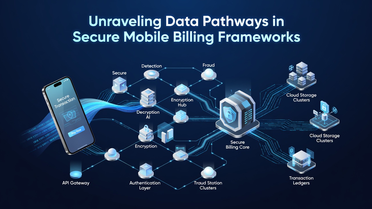 Illustration of encrypted data packets traveling through secure mobile billing nodes with verification checkpoints