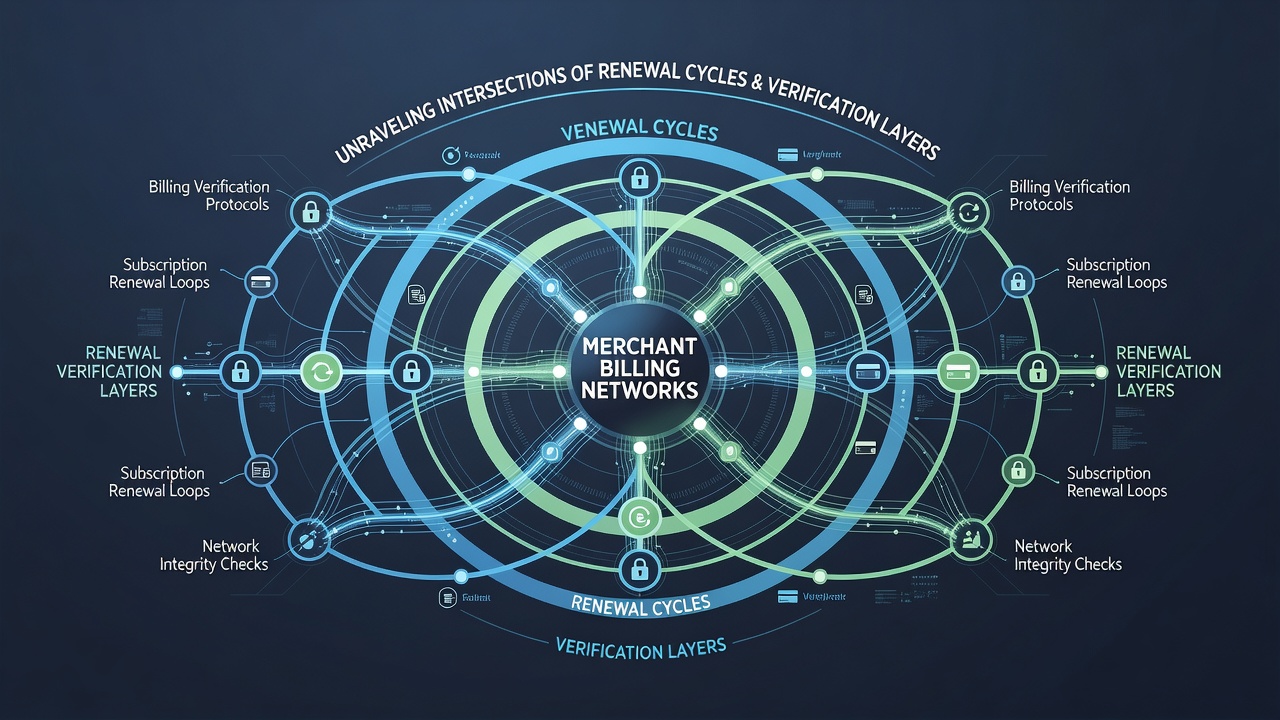 Flowchart illustrating data exchange between renewal scheduling modules and verification checkpoints in billing infrastructure