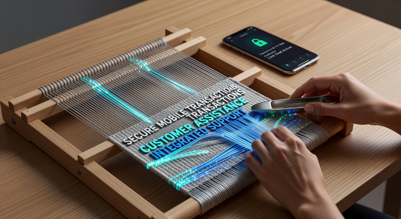 Illustration of customer support representatives collaborating with mobile transaction security systems in a digital environment